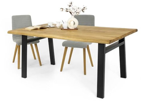 SEART Esszimmertisch ROMANTEKA, massiver Esstisch aus Eichenholz, Baumkantentisch, Metallbeine Schwarz (90x140 cm, Naturöl)