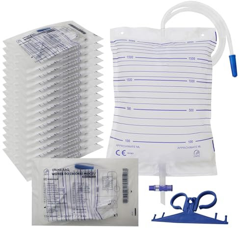 ZARYS® 30 Bolsas de orina Esterilizadas de 2 litros con válvula y desagüe en forma de “T”, antirreflujo (Paquete de 30 bolsas)