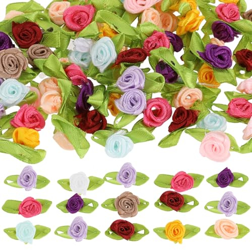 200 Pcs Multicolor Satin Roses with Green Leaves for Crafts Mini Roses for Crafts Small Satin Roses Tiny Artificial Fabric Flowers Ornament Applique for Wedding Bride Sewing Wrapping DIY Wreath Decor