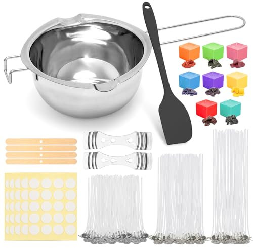 Kerzen selber Machen Zubehör Schmelztopf und 100 STK Kerzendochte für Kerzen mit 8 Kerzenfarbe, 2 Dochthalter aus Metall, 100 Docht-Aufkleber für Kerzen gießen Set (600ML-silber)