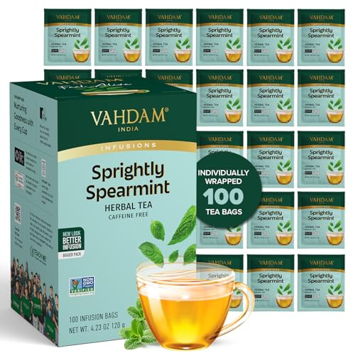 VAHDAM, Sprightly Spearmint 2-in-1 Wellness Blend, 100 Tea Bags | Spearmint + Licorice Root | Caffeine Free, Non-GMO, Direct from Source, Individually Wrapped Tea Bags