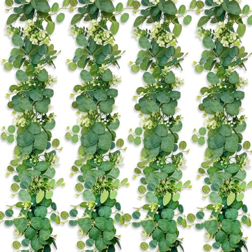 4 Stück Eukalyptus Girlande, 1.8m Grüne Blätter Künstliche Girlande Pflanze mit Weiße Blumen, Eukalyptus Deko für Hintergrund Hochzeit Dekoration Festliche Tafel Dekorieren