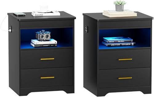 Gurexl LED Nachtschrank mit 3 Licht Dimmbar, Smart Nachttisch 2er Set mit Ladefunktion, Sideboard mit Abschließbare Schubladen USB Type-C Wohnzimmer (Schwarz)