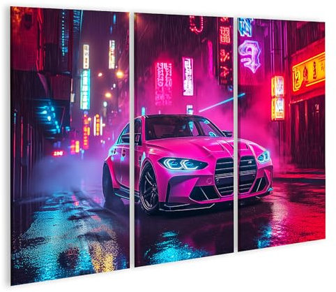 islandburner Prime Bild auf Leinwand Neon beleuchtetes Auto in nächtlicher Stadt Bilder Wandbilder Poster