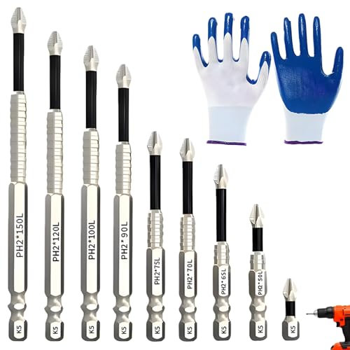 High Magnetic Screwdriver Drill Bit Set, 9pcs Impact Driver Bits and A Pair of Gloves with Anti-Slip Hex Shank, Compatible with Most Electric Drills and Screwdrivers, Versatile for Various Materials