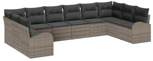 vidaXL Gartensofa-Set mit Kissen mit Speicher 10 pcs Grau Poly-Rattan, Garten und Terrasse, modernes Outdoor-Sofa-Set, langlebige Rattan-Möbel, wetterfester Loungesessel, modulares Komfort-Sitzmöbel