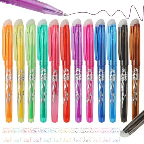 MOTIBACK 12 Radierbare Gelstifte 0,5mm Feinspitze Bunt Tintenroller Set | 12 Farbige Gelschreiber Radierbar 0,5mm Feinspitze Thermotinte Radiergummi Kappe Clip Rutschfester Griff Glattes Schreiben