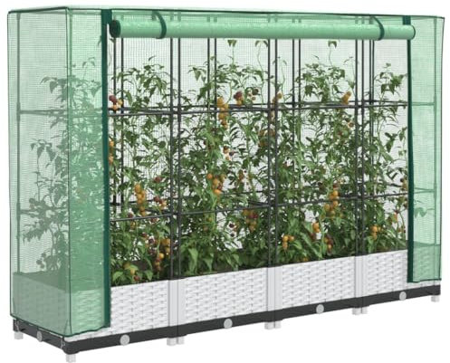 QJBSAVVA Letto Rialzato con Copertura Serra Effetto Rattan 160x40x123 cm per Orto Balcone Giardino, Struttura Rinforzata in Ferro e PP, per Piante Fiori Erbe Aromatiche