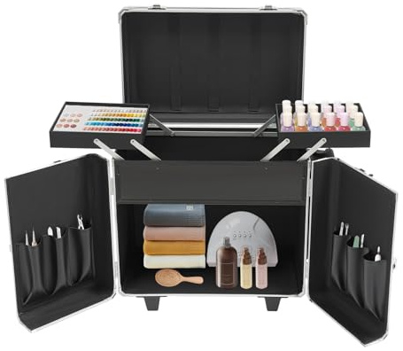 Mobile Fußpflegekoffer Höhe 91cm Große Kapazität Fußpflege Trolley Kosmetikkoffer Multikoffer mit 2 Trays,Fächer und Taschen,professioneller Make-up Koffer für Reise, Friseure (Silber)
