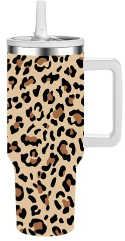 Thermobecher Auslaufsicher,40oz Edelstahl Kaffeebecher to go isoliert mit Strohhalm,Reisebecher 100% Leckschutz, Doppelwandiger Heiße Kalte Getränke Trinkbecher,Trinkflasche bpa frei(Leopardenmuster)