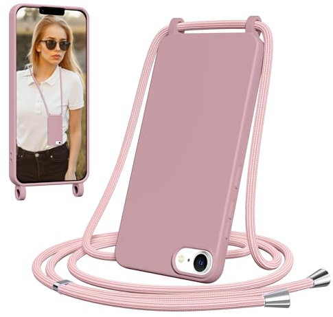Yxnvixn Crossbody Lanyard Case for iPhone 7, Liquid Silicone Shockproof Protective Mobile Phone Cover with Strap Adjustable Neck Cord Necklace TPU Soft Shell, Sand Pink