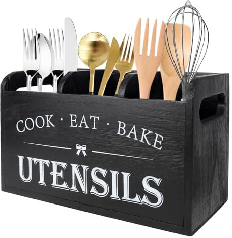 Portautensili da cucina con 3 Scomparti & Fori Drenaggio, Organizer Utensili Legno Porta Mestoli, Scatola Immagazzinaggio Stoviglie Organizzatore Posate per Tavoli, Piani Lavoro, Bacchette, Forchette