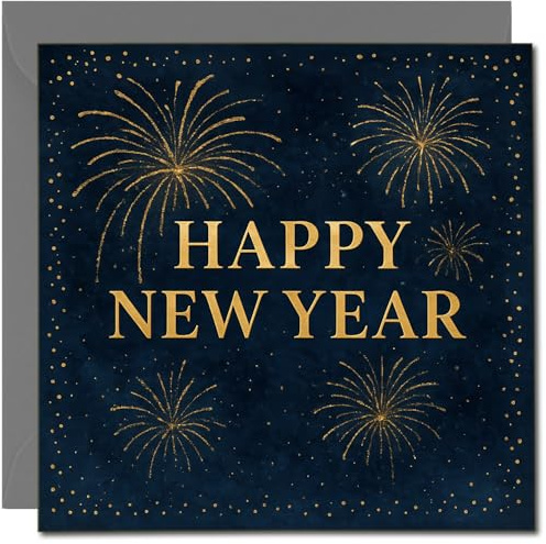 Happy New Year Card - Gold Fireworks on Navy, 145mm x 145mm Square Greeting Card, Includes Dark Grey Envelope