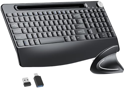 Full-Size Ergonomic Keyboard and Mouse, 2.4GHz Wireless Scissor Keys Keyboard and vertical Mouse with Tablet Phone Holder, Wrist Rest for Computer Mac PC Laptop Chromebook
