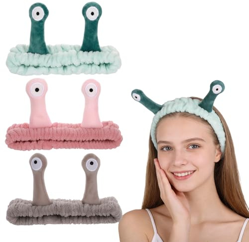 Apricitie 3 Stück Gesicht Waschen Stirnband, Grün, Rosa, Braun | Schnecke Spa Haarbänder Make up Frauen Cartoon Niedlich Korallen Fleece Elastisches Stirnband für Waschen Dusche Sport