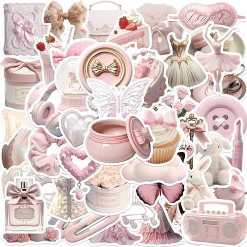 100pcs Vintage Pink Stickers for Water Bottles, Coquette Aesthetic Stickers for Girls, Cute Pink Preppy Waterproof Vinyl Decals for Laptop Scrapbook Phone Case Guitar Journaling Accessories