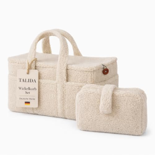 TALIDA Wickelkorb Teddy Set - Wickelorganizer mit Zubehörtasche – Aufbewahrungskorb für Feuchttücher und Babyartikel - Organizer für Wickeltisch und Windeltasche, Feuchtüchertasche (2, Beige)