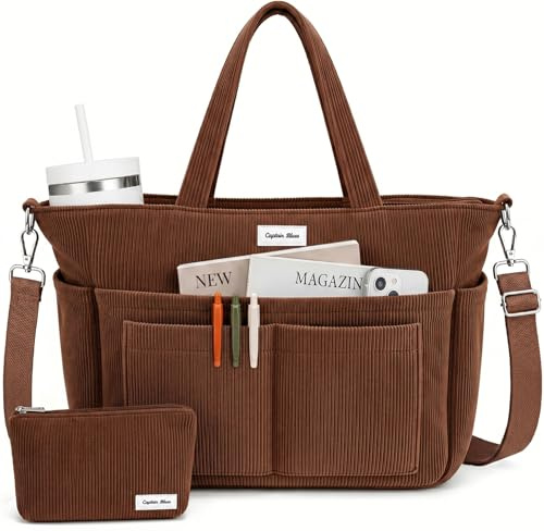 Captain Blues Cord Tasche Damen, Shopper Tasche Damen Groß mit Laptopfach und 14 Taschen, Arbeitstasche Damen, Tote Bag Damen & Handtasche Damen mit Reißverschluss und verstellbarem Schultergurt