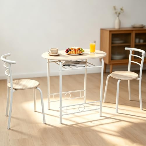 Bonnlo Esstisch Set für 2 Personen, Essgruppe mit 2 Stühle, Eiche-Weiß | Küchentisch klein mit Ablagefach, Stahlgestell, Oval, für Küche Esszimmer Balkon Restaurant Garten Terrasse, Platzsparend