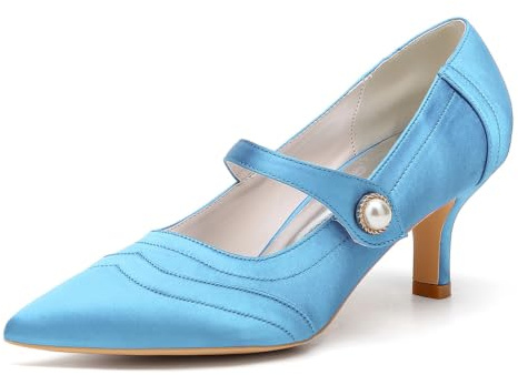 Escarpins Mariée Satin Bout Pointu Mary Jane Perle Petit Talon Chaussures Mariage 6Cm