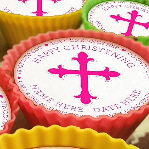 Happy Christening Baptism Pink - 20 x 5cm Personalised Edible Cupcake Toppers on Premium Icing