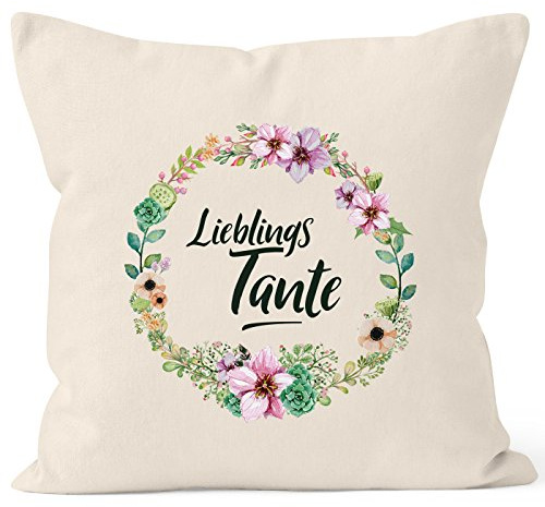 MoonWorks Kissenbezug Geschenk für Tante Lieblingstante Blumen Bordüre Blumenranke Blüten Baumwolle Natur 40cm x 40cm