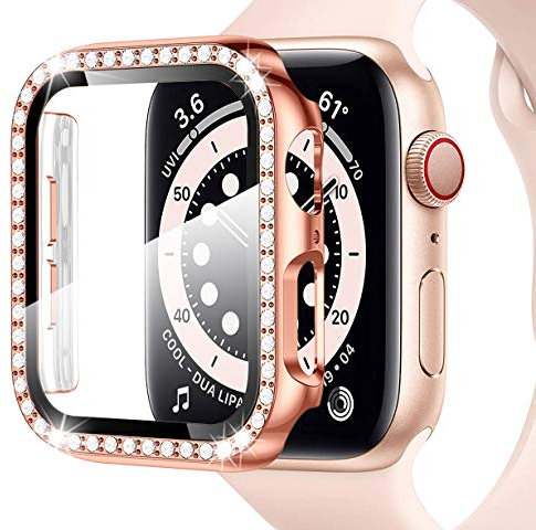 Miimall Funda para Apple Watch Series SE/6/5/4 40mm 44mm, Funda de PC con Bling Diamond para Mujer [Protector de Pantalla Vidrio Templado], Antiarañazos Carcasa Protectora para iWatch 44mm-Oro Rosa