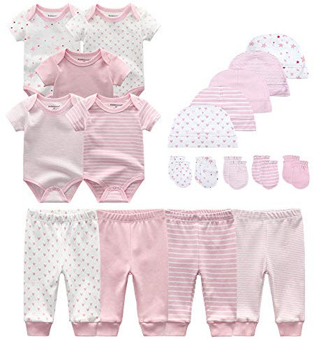 Kiddiezoom Baby-Body, Hose, Kleinkinder-Einteiler, Bekleidungs-Sets für Jungen und Mädchen aus Baumwolle, Mützen, Kratzfäustlinge Gr. 68, Rosa Streifen & kleine Sterne & Druck-19-Set