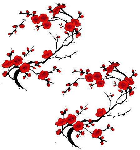 CHENGZI Pflaumenblüten-Stickerei-Flicken Applikation Stoff Aufkleber Handwerk Nähen Reparatur Dekoration Set von 2 (rot)