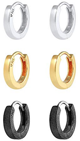 Kuzzoi Herren-Ohrringe Creolen Set rund, 3 Paar Ohrhänger poliert-gebürstet, Tri-Color Ohrringe für Männer, Basic Creolen aus 925 Sterling Silber, Hoop Ohrring-set Farbe: vergoldet, silber, oxidiert