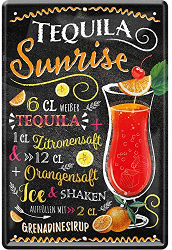 schilderkreis24 - Blechschilder Cocktail Rezept Tequila Sunrise Deko Metallschild Schild für alle Bar Theke oder Pub Besitzer Geschenk zum Geburtstag oder Weihnachten 20x30 cm