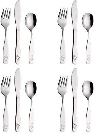 Exzact Children's Cutlery 12pcs Set Stainless Steel/Kids Cutlery - 4 x Forks, 4 x Safe Dinner Knives, 4 x Dinner Spoons - Engraved Dog Cat Bunny Design