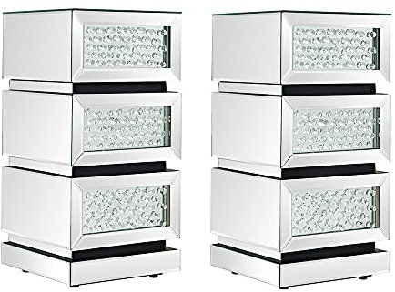 Panana Lot de 2 Tables de Chevets Miroir en Cristal Verre Meuble de Rangement, 3 Tiroirs sur Salon, Chambre, Bureau, 30 x 30 x 60 cm