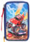 Depesche 11859 Monster Cars - Gefüllte 3-fach Federtasche im Monster-Truck Design, spannenden LED-Effekten und rotem Anhänger, Schüler-Etui in Dunkelblau mit Buntstiften, Lineal, Schere uvm.