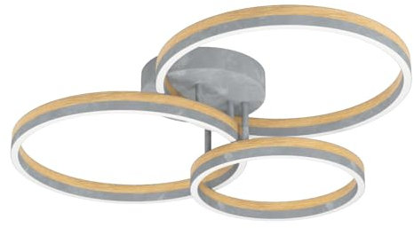 EGLO LED Deckenlampe Cadinaro, dimmbare Deckenleuchte mit 3 Ringen, Wohnzimmer Deckenbeleuchtung, Wohnzimmerlampe aus Metall in Beton-Optik und Holz, warmweiß
