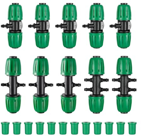 Barbed Tee Connector,1/2 to 1/4 Drip Irrigation Fittings 1/2 to 1/4 Drip Line Reducer Tee Connectors,3/4/6-Way Splitter Connectors with End Plug for Garden Irrigation System