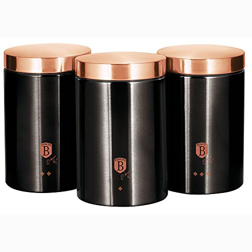 Berlinger Haus Black Rose 3er-Set Küchenvorratsdosen aus Robustem Edelstahl, Ø11 x 17,8 cm, für Tee, Kaffee und Zucker, Modernes Design, Metallic Schwarz / Roségold