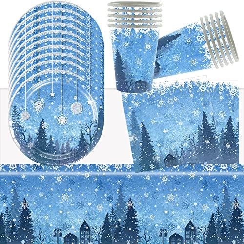 HGSHUO Schneeflocke Partygeschirr Kindergeburtstag Deko Geburtstag Party Geschirr Tischdecke Becher Pappteller Servietten Winter Geburtstagsparty Hochzeit Babyparty Weihnachten Tischdeko