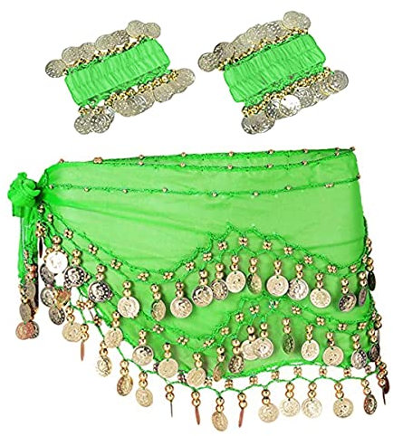 SamHeng Belly Dance Hip Scarf with Bracelet, 128 Coins Belly Dance Skirt Wrap Belt with Wrist Ankle Bracelets, Dance Skirt Belt Waist Chain for Belly Dance, Zumba or Yoga Class, Performance Costume