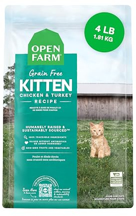 Open Farm, Grain Free Dry Kitten Food, Nutrient Dense Kibble with Protein, Vitamin A, Taurine, Naturally Occurring Fibers & Prebiotics, Homestead Turkey & Chicken Recipe for Kittens, 4lb Bag