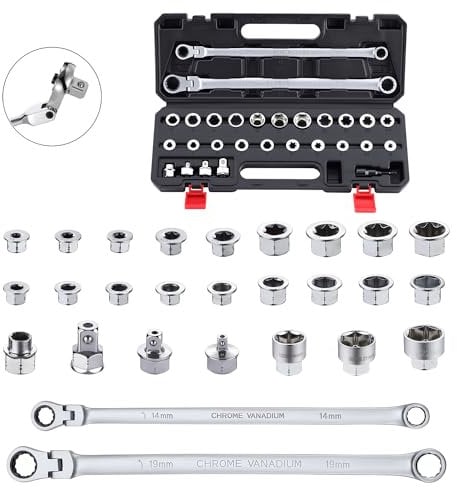 AKM TOOL Flexkopf-Ratschenschlüssel-Set, metrisch | 8–22 mm | 72 Zähne | extra langer Doppelkasten-Endratschenschlüssel-Set (27-teiliges Flexkopf-Ratschenschlüssel-Set)