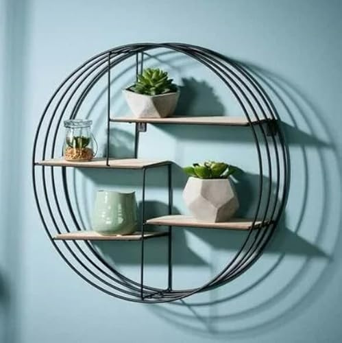 Bloomingtons Direct 50cm Black Metal Round Wall Shelf Floating 4 Multiple Compartment Wall Mounted Circle Wooden Shelf Unit Hanging Shelf for Kitchen, Bedroom, Living Room