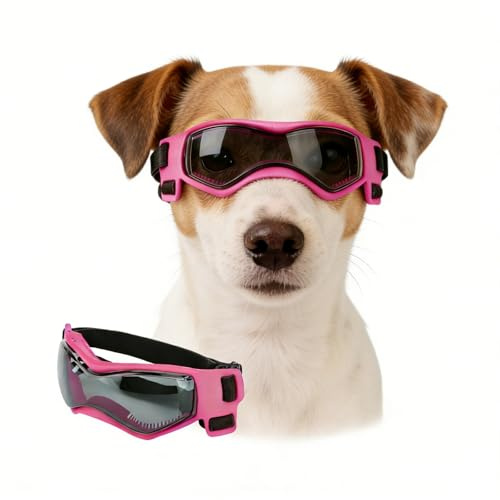 Enjoying Hundebrille Mittlere UV-Schutz, Sonnenbrille für Hunde Kleine bis Mittlere Rassen, Anti-Nebel Winddicht Staubschutz, Welpen Fahrbrille Augenschutz, Verstellbare Bänder, Stilvoll Rosa