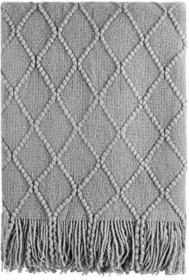 BOURINA Knitted Textured Throw Soft Sofa Blanket Light Grey 127x228cm | Soft textured solid knit fabric, decorative home throw, multi-use for sofa couch bed, lightweight warm, neutral home decor