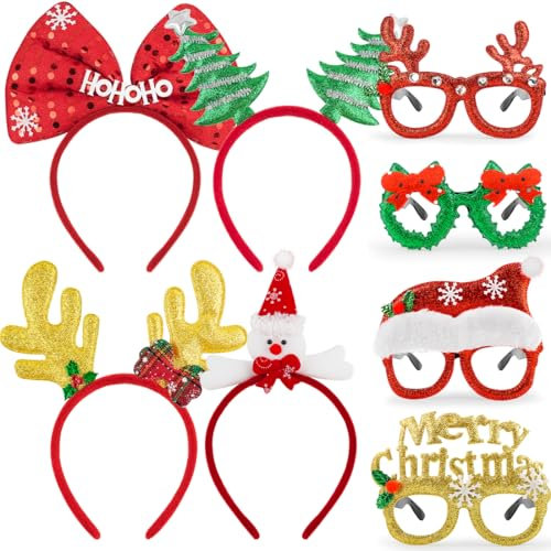 8 Stücke Glitzer Weihnachten Haarreif,Neuheit Xmas Weihnachtsfeier Kopfschmuck Set,Weihnachtsbaum Santa Hut Rentier Geweih Schneemann Bögen Pailletten Sterne Haarreifen Party für Kinder Erwachsene