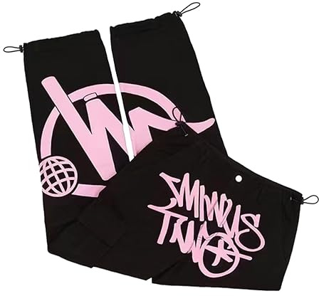 Minus Two Cargo Y2K Herren | Jogginghose Y2k Jeans Baggy | Hip-Hop Cargo Hosen Unisex | Harajuku Denim Schwarze Print Loose Straight Hose mit Weitem Bein | Teenager Jungen Skateboard Hosen Streetwear