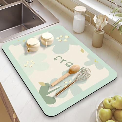 Hixingo Súper Absorbente Bayeta Escurreplatos, Antideslizante Dish Drying Mat Estampado de Florete Alfombra Escurreplatos,Diatomita Alfombrilla Cafetera (40x60cm,Flor Verde Claro)