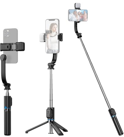 Andoer Selfie-Stick, ausziehbar, 107 cm, um 360° drehbar, mit Telefonclip, Fülllicht und Fernbedienung, kompatibel mit Android 4.4/iOS 5.1 für Vivo/Vlog/Video