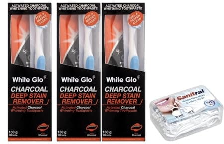 White Glo Charcoal Deep Stain Remover Whitening Toothpaste 100 ml-Pack of 3 +Sanitral Dental Floss 50 Pcs (Set of 4)