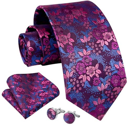 Enlision Krawatten für Herren und Einstecktuch Set Krawatte Taschentuch Manschettenknöpfe Formelle Blumen Hochzeitkrawatte Lila/Rot